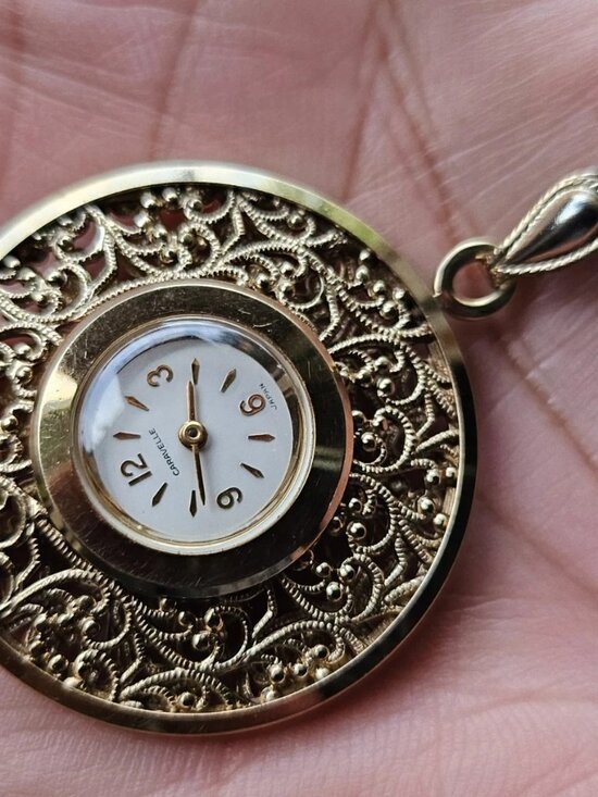 Vintage Caravelle Pocket Watch Gold Tone Watch Necklace Hand Winding Hand main image 9
